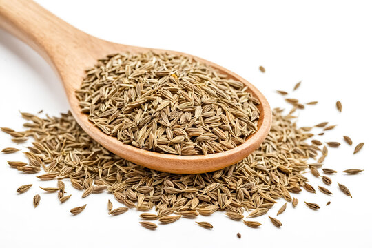 Cumin seeds in wooden spoon on white background