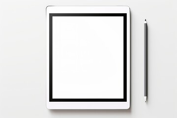 Top view of a blank digital tablet with a stylus on a white background, perfect for presentations, mockups, or design templates.