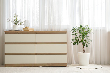 Wooden chest of drawers and houseplants near window in interior of living room