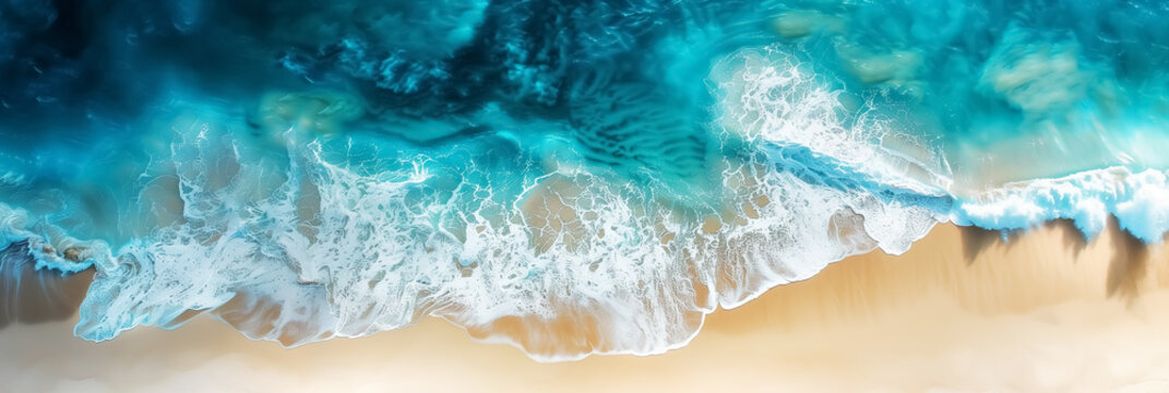 aerial panorama view with blue sea and white sand beach, tropical coast vacation. Wall Art Poster Print Design for Home Decor, Decoration Artwork, High Resolution Wallpaper and Background for Computer