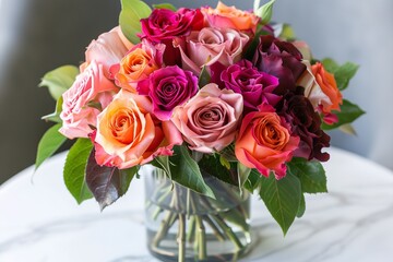 Vibrant bouquet of mixed roses in a glass vase on a marble table, showcasing a variety of colors and fresh green leaves.