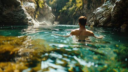 Man swims in clear, serene mountain stream under bright sunlight