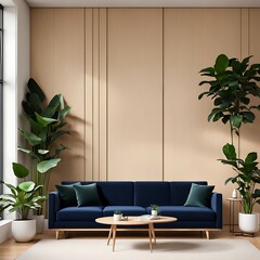  Living room with a bright dark blue indigo accent sofa - trend navy color. Beige ivory wall empty and painted as a blank for art. Modern lounge room interior design. 3d render 