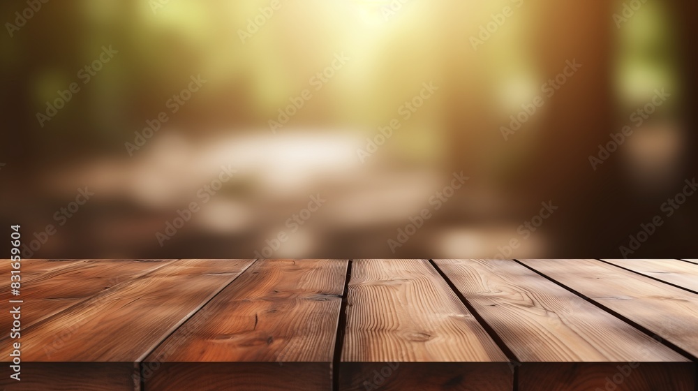 Poster wooden table in front of a blurred outdoor background with sunlight filtering through trees. perfect