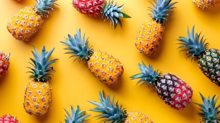 Fototapeta premium Pattern with bright pineapples on yellow background. 