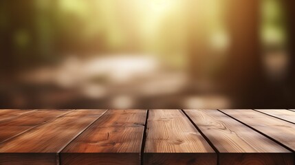 Wooden table in front of a blurred outdoor background with sunlight filtering through trees....