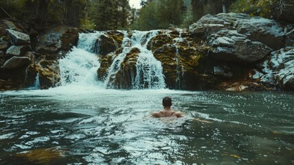 Man swims in natural pool beneath scenic waterfall surrounded by trees and rocky terrain