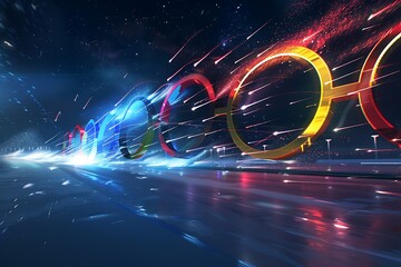 Olympic rings morphing into shooting stars streaking across the night sky.