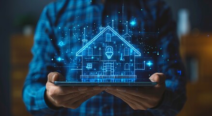 Digital technology concept, Businessman holding tablet with smart home security system on screen and house icons hologram over hand. House business network data connection, online social media