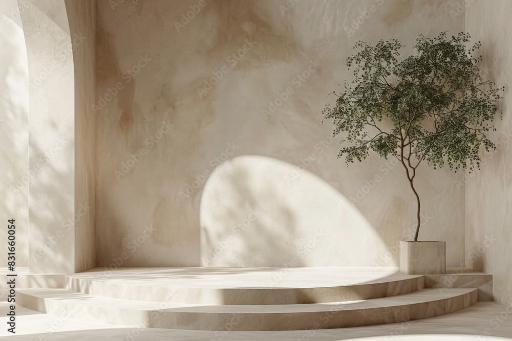 Aufkleber a large tree is in a small pot in front of a white wall. the tree is in the shade, and the wall is m