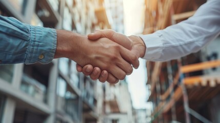 Successful deal, male architect shaking hands with client in construction site after confirm blueprint for renovate building.