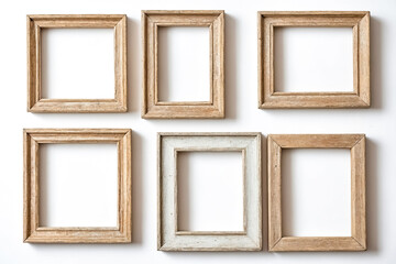 Five Rustic Wooden Frames on a White Background