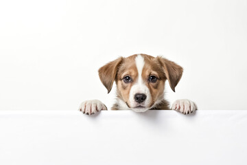 Cute Puppy Peeking Over White Surface