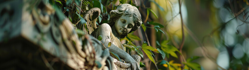 Obraz premium Angels in Historic Cemetery, Overgrown Sections, Close-up View