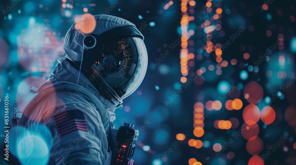 Poster an astronaut trading a rare space artifact for a large sum of digital currency showcasing the value 