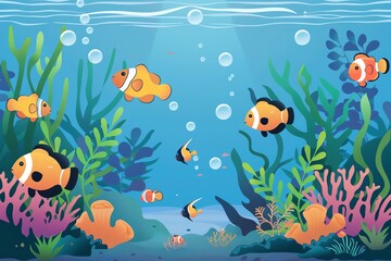 Aquarium scene flat design top view marine animation vivid