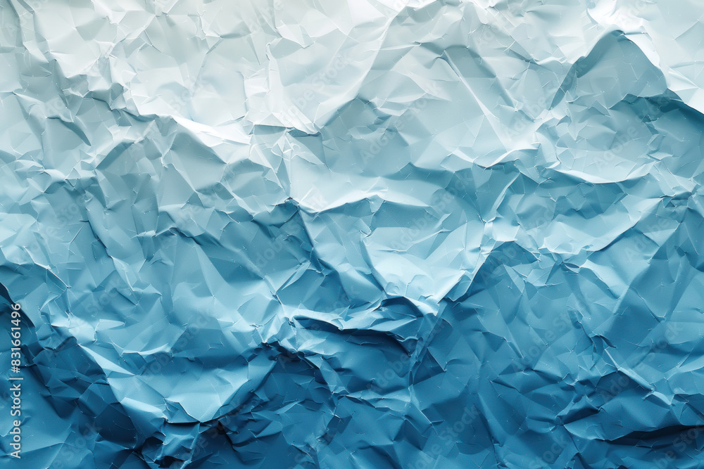 Poster a blue and white paper with a wave pattern. the paper is crumpled and torn, giving it a rough and te