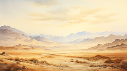 Serene desert landscape with distant mountains, golden sand dunes, and a soft, hazy sky under warm sunlight.