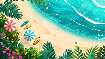 Tropical beach scene flat design top view summer cartoon drawing vivid