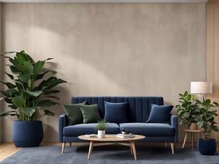  Living room with a bright dark blue indigo accent sofa - trend navy color. Beige ivory wall empty and painted as a blank for art. Modern lounge room interior design. 3d render 