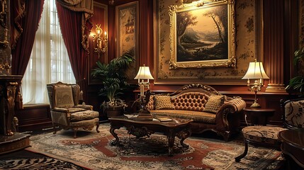 Traditional Victorian living room with ornate furniture, heavy drapes, and rich colors
