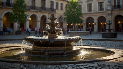 Fototapeta premium The tranquil ambiance surrounding a bubbling fountain in a bustling city square ai_generated