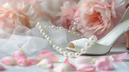 花びらと真珠のネックレス、純白の手袋、白いハイヒール、レースの花嫁衣裳の写真