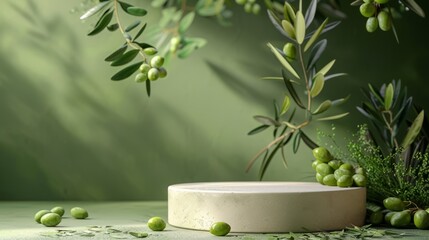 An empty pedestal stood elegantly. Surrounded by olive branches that decorate the background. The scene is bathed in natural light. Emphasize the clean lines of the delicate podium of the olive branch