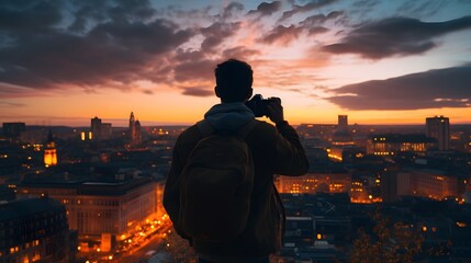 A person taking a photograph of a cityscape from a rooftop at sunset, with vibrant colors in the sky, captured in HD - Powered by Adobe