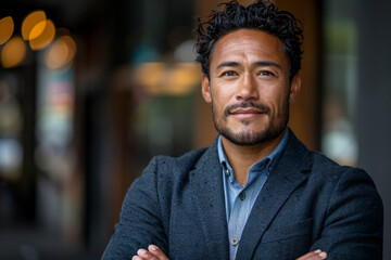 Obraz premium Handsome Young Mixed-Race Man in a Grey Blazer Smiling Confidently Outdoors with Bokeh Lights