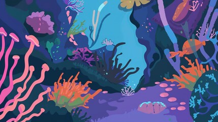 Magical coral reef flat design front view, underwater fantasy, animation, complementary color scheme 