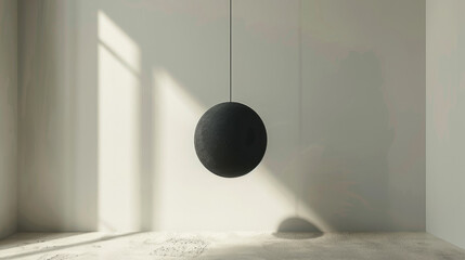 A black ball is suspended from the ceiling in a room with white walls - Powered by Adobe