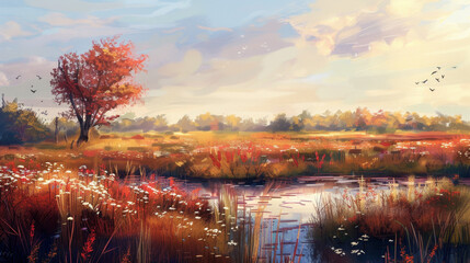 concept art of an autumn marshland with grasses and wild flowers, one tree in the distance, birds flying above it, digital painting in the style of a painterly style