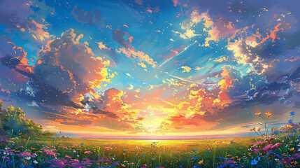 Beautiful sky with clouds, colorful sunset over the field of flowers, in the style of anime, oil painting, vector illustration, brush strokes