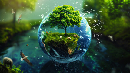 Illustration of the earth with lush green and lively creatures around..