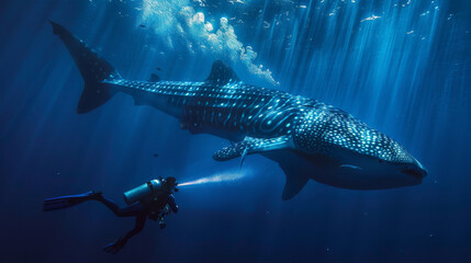 A man in a scuba suit is swimming with a whale in the ocean