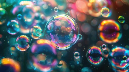 A colorful image of bubbles with a dark background, The bubbles are of different colors and sizes, and they are scattered all over the image. - Powered by Adobe