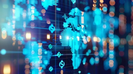 Obraz premium An illustration of the global revolution in finance with digital currency symbols connecting countries on a world map.