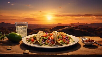A plate of spicy tacos with avocado and salsa, placed on a colorful tablecloth with a stunning sunset over a desert landscape. The scene is captured in high definition, looking like a real photograph. - Powered by Adobe