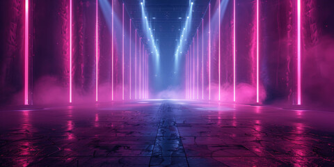 Futuristic corridor illuminated by vertical pink and purple neon lights with sleek modern panels and reflective floor creating an immersive high-tech atmosphere enhanced by misty fog
