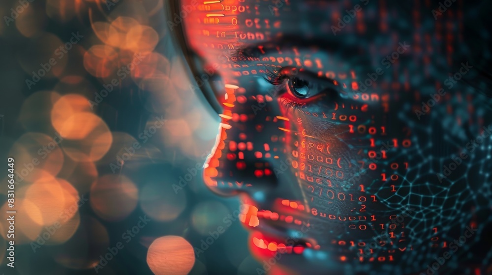 Poster a holographic face formed by layers of digital encryption highlighting the importance of secure and 