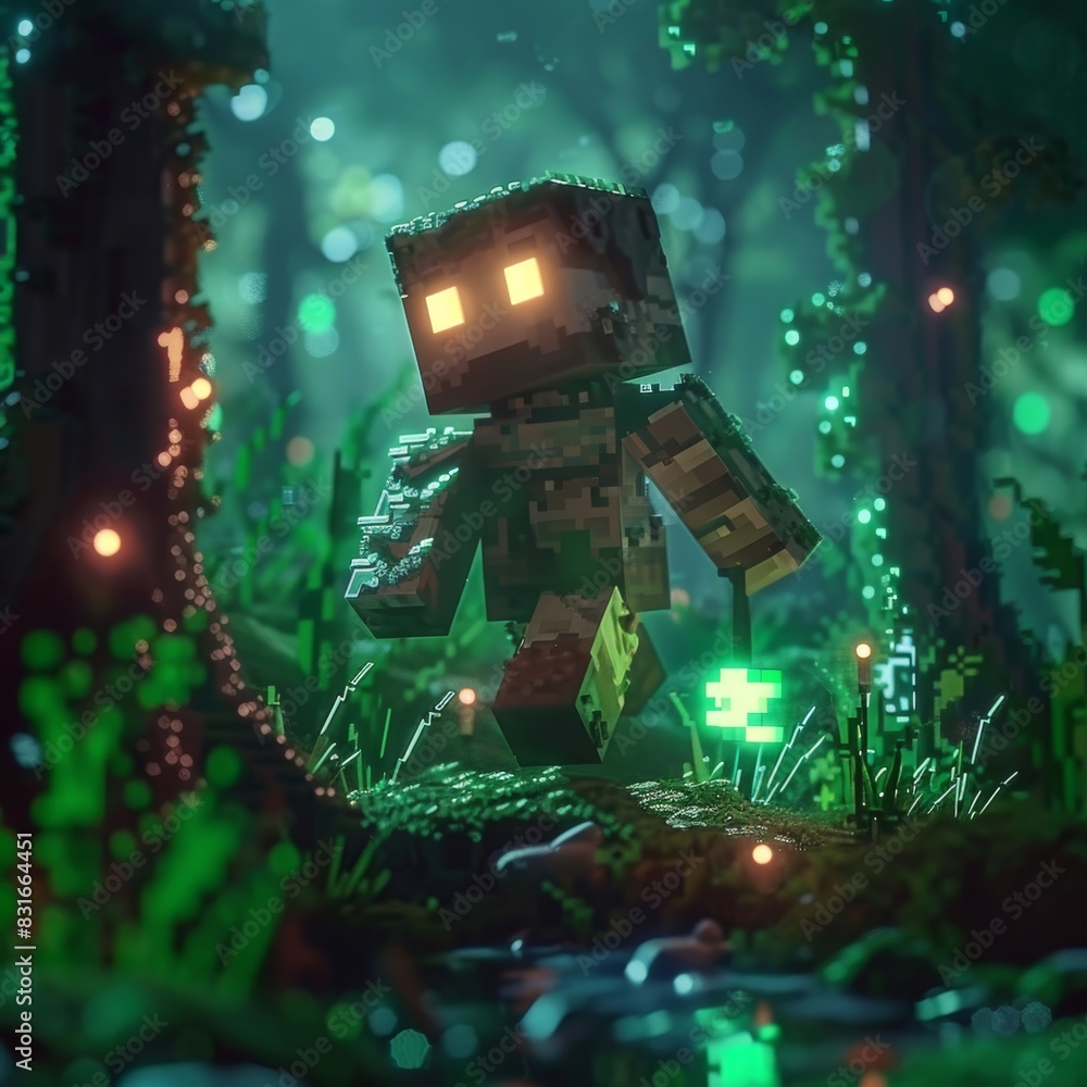 Poster a boxy person in an open world building game