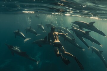 Obraz premium a man in the water with dolphins