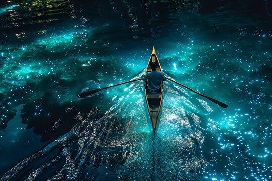 Rower's oars leaving a trail of bioluminescent light on a crystal-clear lake.