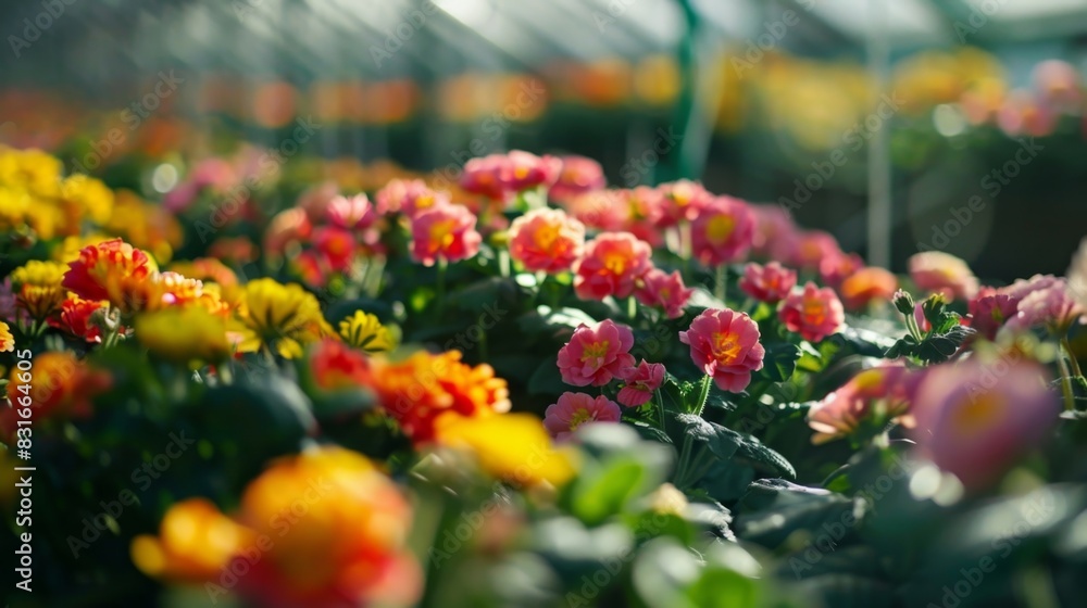Poster a greenhouse filled with colorful flowers is meticulously monitored using sensors that collect data 
