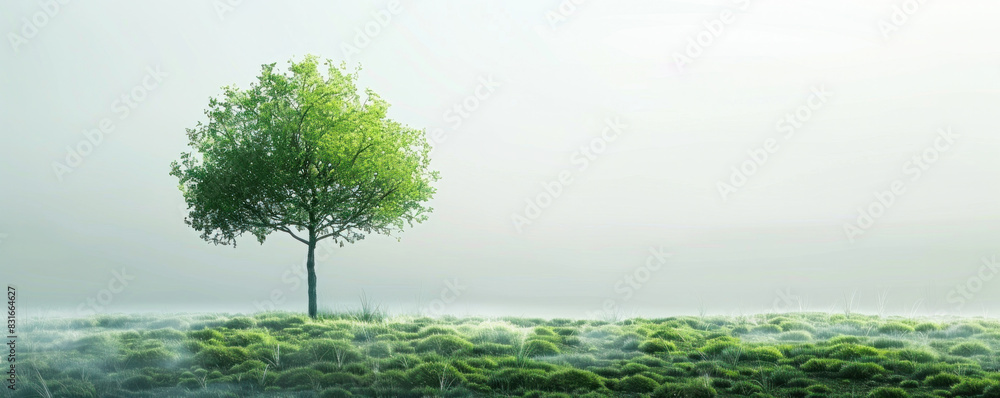 Poster a tree is standing in a field of grass. the sky is cloudy and the grass is wet