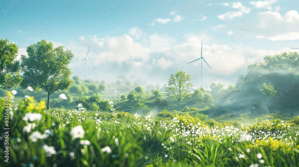 Poster a field of grass with a few trees and a wind farm in the background