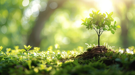 A small tree is growing in a field of green grass. The tree is surrounded by a lot of grass and is the only thing visible in the image. Concept of growth and life