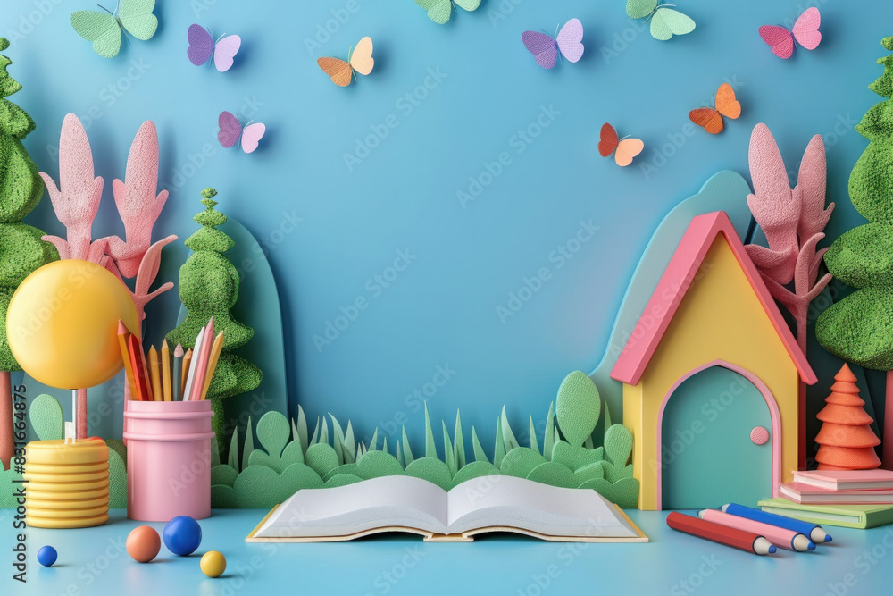 Poster a blue background with a house and a tree. a book is open on a desk. there are many butterflies in t