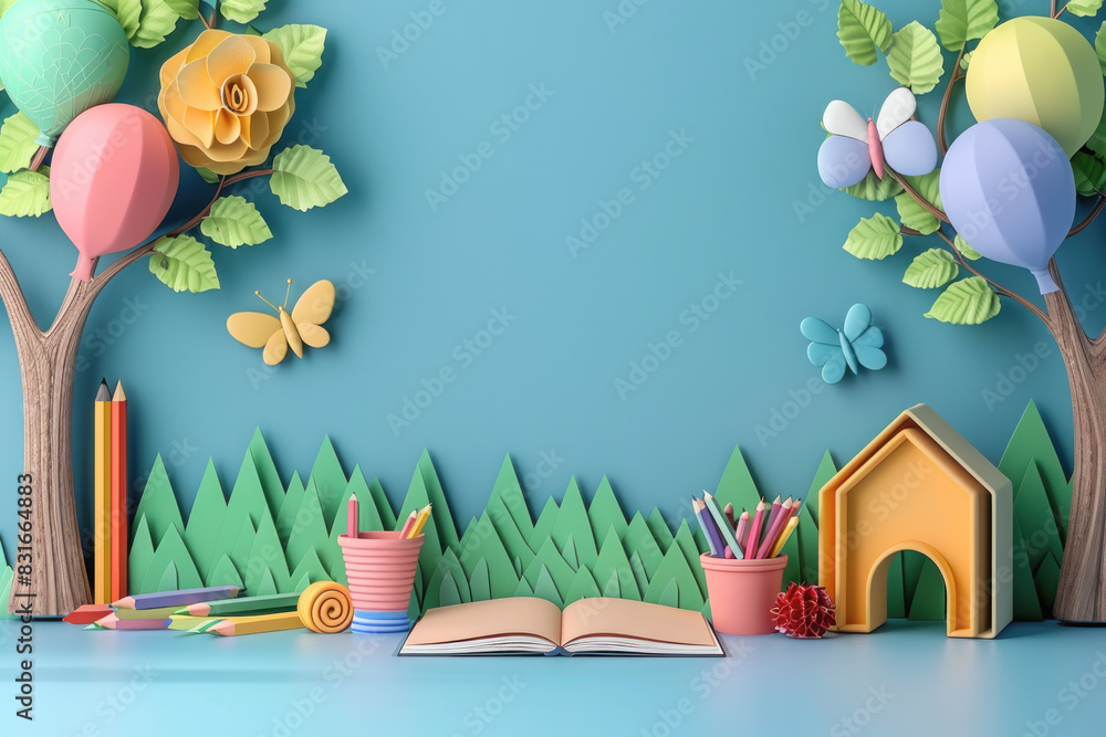 Poster a colorful scene of a tree with a house and a house with a tree in front of it. there are many ballo